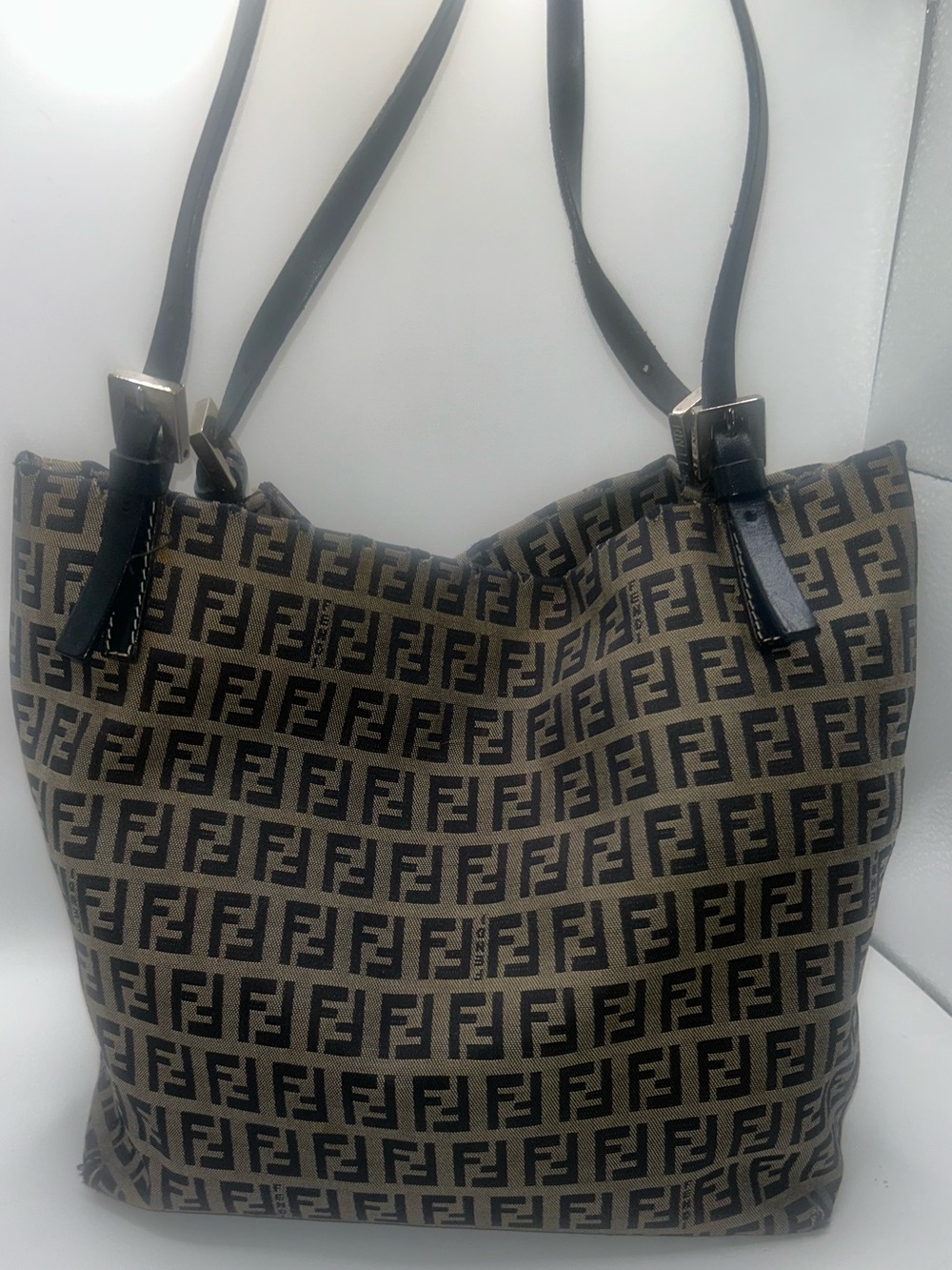Fendi Vintage FF Zucca Jacquard Tote Bag Blue Leather Trim - Picture 4 of 10